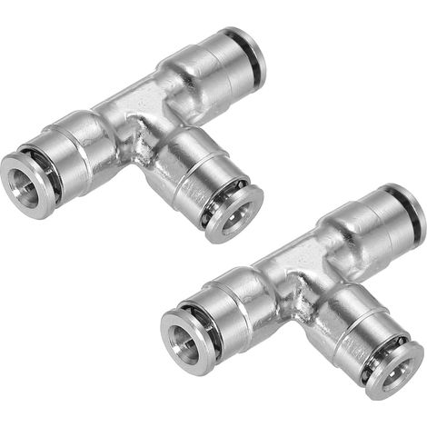 Raccords de Tube à Pousser en Laiton Nickelé, Raccord en T à 3 Voies, Raccord Rapide en Laiton Nickelé pour Tube de 4 mm de Diamètre Extérieur, Argent, Lot de 2 (1/4)