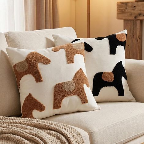 Set mit 2 niedlichen Kissenbezügen mit Pony-Muster, 45 x 45 cm, dekorativer Kissenbezug mit gestepptem Tiermotiv im Cartoon-Stil (1/5)