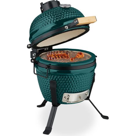 Relaxdays Kamado Barbecue, Ø 26 cm, Ceramic BBQ Grill, with Thermometer up to 450°C, Outdoor Cooking, Smoker, Egg Shape
