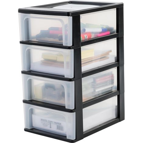 Tour de Rangement Plastique, 4 Tiroirs Moyens, Noir, Ouverture Facile, Format A4, A5 & A6, Meuble, Organisateur, pour Bureau, Fourniture Scolaire, Papeterie, Sans BPA, OCH-2004 (1/4)