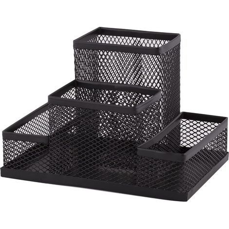 Organiseur de bureau, Pot à Crayons en Métal, Étagère de Bureau avec Porte-notes en Maille, 103 x 154 x 103 mm, Multifonctionnel Organisateur de Bureau, Accessoire de Rangement pour Bureau Noir (1/5)