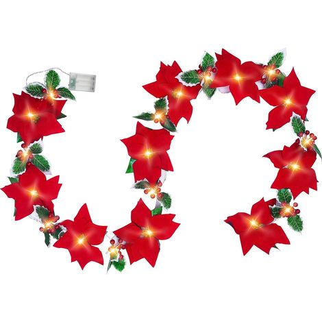 1 Guirlande lumineuse, poinsettias velours, baies houx, 3m, 20 LED blanc chaud, intérieur extérieur (1/4)