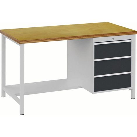 Établi l.1500xP750xH859 mm hêtre Multiplex gris clair gris anthracite 3 tiroirs