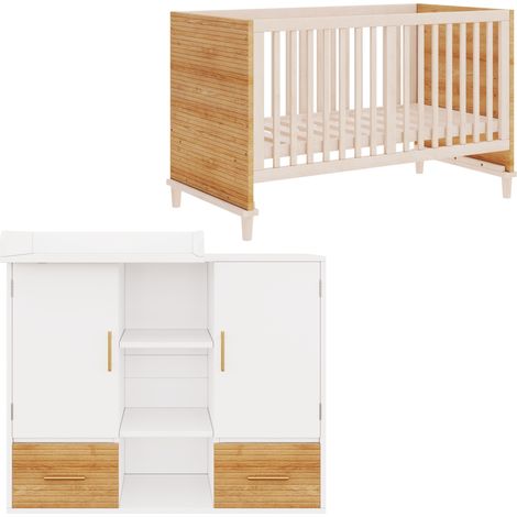 Ensemble table à langer et lit bébé en pin massif naturel et blanc, 114x53x92 cm & 70x140x87 cm, sans matelas (1/5)