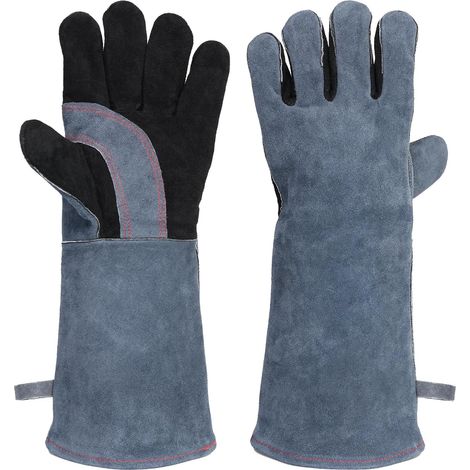 1 Paire Gants, 35cm Cuir, Résistant Chaleur 300°C, Coton Intérieur, BBQ Four Soudage (1/5)