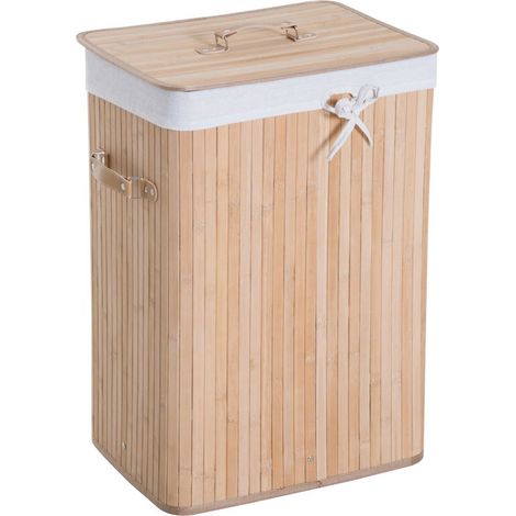 Panier à linge corbeille à linge bac à linge bambus biegsame couvercle sac bewegliche 3 poignées PU 40L x 30l x 60H cm beige (1/5)