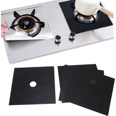 4 Protections de brûleur de cuisinière 27x27 cm, revêtement antiadhésif PTFE, pour plaques de cuisson gaz, noir - Lot de 4 (1/5)