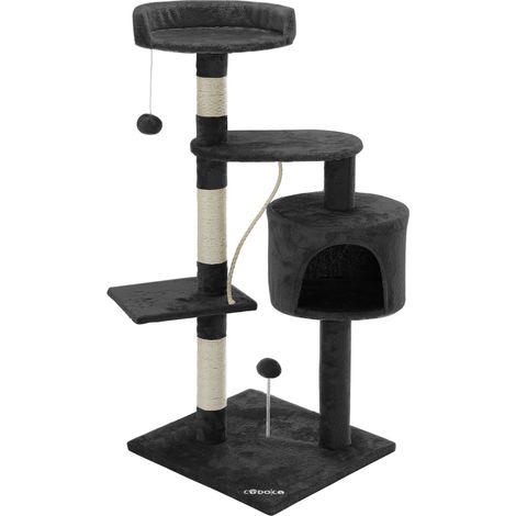 CADOCA® 112cm Cat Scratching Post with 3 Viewing Platforms 1 Cat Cave, 2 Play Balls, 1 Play Rope Tall Cat Scratch Tree Pole Pet Furniture Cat Kitten Sleeping Area Bed Dark Grey