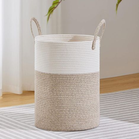 Cesto de ropa grande, cesta de almacenamiento grande de cuerda tejida para mantas, juguetes, ropa sucia en la sala de estar, baño, dormitorio, 58 L, blanco y marrón (1/5)