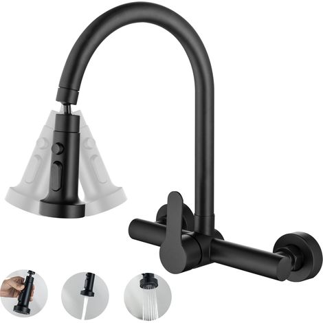 Robinet Cuisine Mural Noir, Rubinetto cucina a muro avec Bec Pivotant à 360 avec 2 Modes, Acier inoxydable 304 (1/5)