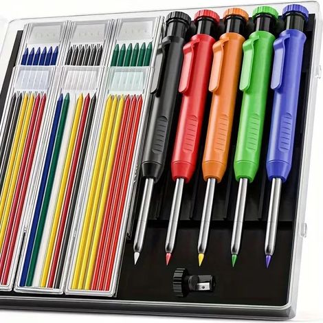 (Kit 19) Ensemble de crayons de charpentier solides de 2,8 mm, porte-mine, 3 recharges de couleurs, outil de traçage pour la menuiserie et le travail du bois (1/5)