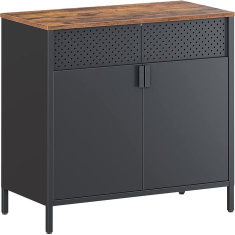 Armadietto in Acciaio, Credenza con Doppia Anta a Chiusura Magnetica, Ripiano Regolabile, in Acciaio e Truciolato, in Stile Industriale, Salvaspazio, Marrone Vintage e Nero (1/8)