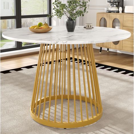 Runder Esstisch 80x80x76 cm Gold/Weiß aus MDF und Metall mit verstellbaren Füßen (1/5)