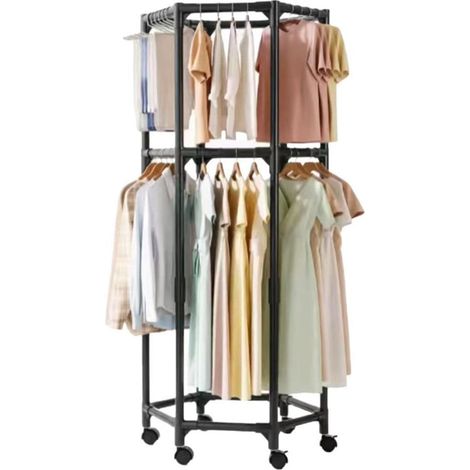 TrAdE Shop Traesio - Stendibiancheria Appendiabiti Vestiti Esagonale Girevole A Doppio Livello Con Ruote 69727 - (1/5)