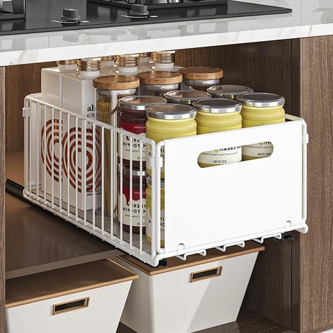 Organiseurs de Tiroirs de Cuisine Tiroir Coulissant Placard de Cuisine Organiseurs Tiroirs (Blanc, 1pièce 38Dx25Wx19H CM)