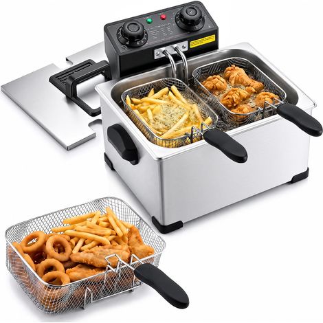 Friteuse Électrique 5,2 L, Friteuse à Huile 2500 W, pour Frites Beignets d'Oignon Cuisine, en Acier Inoxydable, avec Paniers Grands et Petits, Thermostat, Minuterie et Protection Anti-surchauffe (1/5)