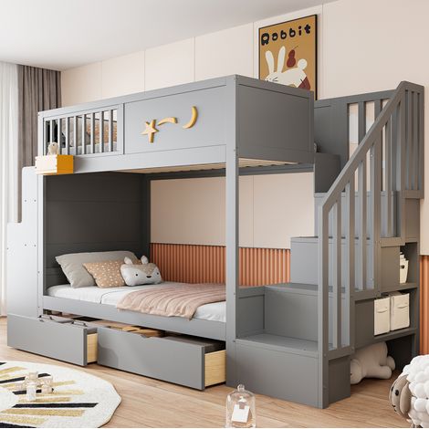 Letto a castello 90x200 cm con 2 cassetti, scala di sicurezza con vano portaoggetti e scrivania, in legno grigio, materasso non incluso (1/4)