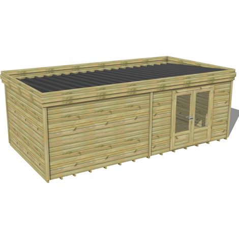 Abri Français – Abri de jardin bois pin traité autoclave 28mm – 6,9x3,7m – Bac acier laqué gris – Plancher en bois massif 22,2m² (1/3)