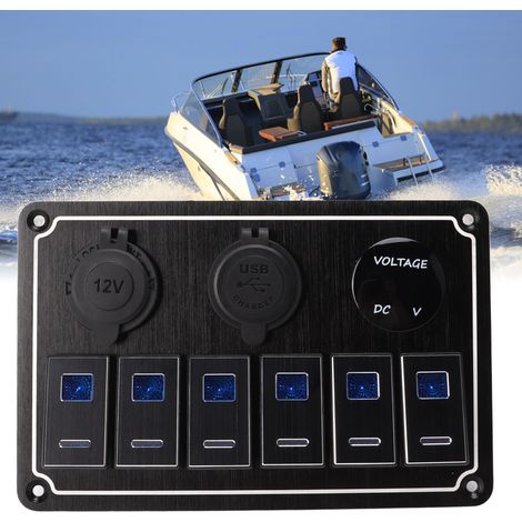 Bedienfeld für die Mittelkonsole von Pkw, Wohnmobilen und Yachten, wasserdichter 6-Wege-Metallschalter mit integrierten Komponenten, zwei blaue Ein-/Aus-Kontrollleuchten, schwarz eloxierte Oberfläche (1/5)