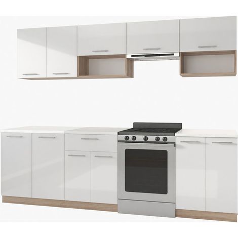 Conjunto de cocina Houston 858, Blanco brillante + Roble Sonoma, 260x60cm, Encimera, Aglomerado laminado, MDF