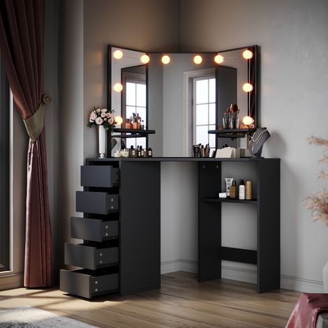 ELEGANT Corner Dressing Table, LED Vanity Makeup Desk with 3 Mirrors 5 Drawers, Black Bedroom Furniture Corner Curved Vanity Table