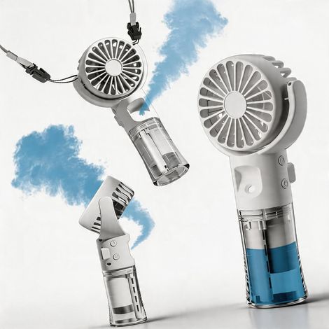 weißer, wiederaufladbarer Handsprühventilator mit 4 Windgeschwindigkeitsstufen.