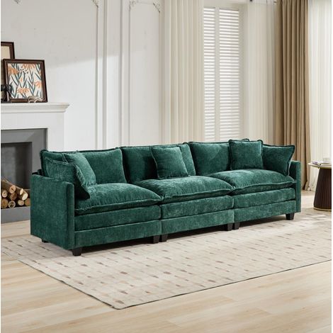 Divano lineare 3 posti 289x75x84 cm in tessuto ciniglia verde modulabile FloraGrace (1/5)
