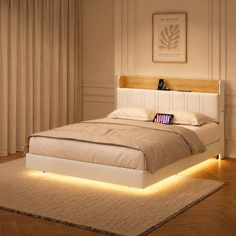 Schwebebett 140x200 cm mit LED-Beleuchtung, gepolstertes Kopfteil, Stauraum und USB-/Typ-C-Anschlüssen, Lattenrost, PU-Kunstleder, Beige (1/5)