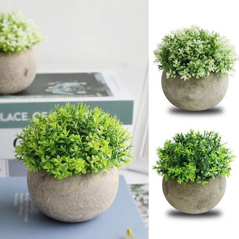 Lot de 2 boules semi-circulaires de bonsaï artificiel en pulpe de palmier, plantes vertes en pot, ornements blancs et verts, pour décoration de bureau. (1/5)