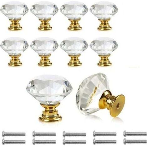 SABIR Poignée à trou unique 10 pièces, poignée de porte en cristal de diamant transparent, décoration d'armoire à tiroirs de meubles, avec vis (1/4)