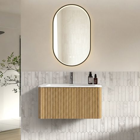Ensemble meubles salle de bain 80 cm avec miroir ovale 50x80 cm, vasque avec meuble, chêne, pré-monté (1/5)
