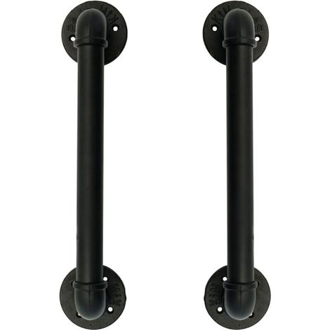 Ensemble de 2 Industriel Tuyau Poignée deTraction de Porte, Barre D'appui, Poignées de Porte de Grange，Antique Rustique En Fonte Pour Rampe, Noires，50 cm de Long L(32D,45L)