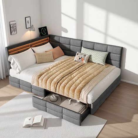 Cama doble 140x200 cm, Estructura de cama 140x200 cm en forma de L con 2 cajones y LED, Cama de adulto en lino gris, Cabecera reversible (1/5)