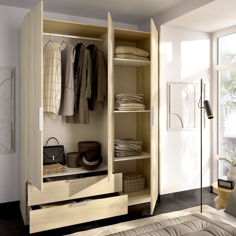 Guardaroba 3 Ante Mayos, Armadio Camera da Letto Appendiabiti, 2 Cassetti, 3 Ripiani, 51x137 cm Marrone Rovere (1/5)