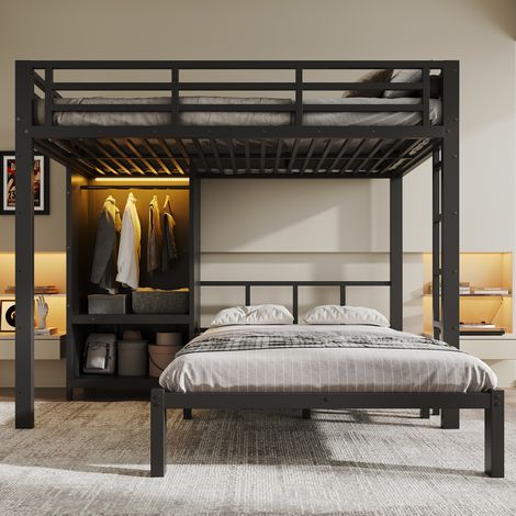 Lit superposé 120x200 cm en métal avec 2 couchages, armoire intégrée et éclairage LED, échelle droite et barrières de sécurité - Noir (1/5)