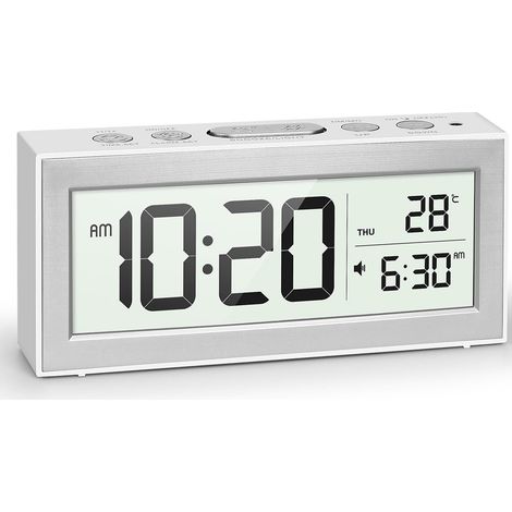 Réveil numérique avec grand écran LED, réveil de chevet à piles avec veilleuse, 5 horaires d'alarme, réglage automatique de la luminosité, répétition, calendrier, 12/24h, °F/°C (1/5)