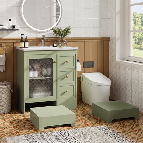 Mueble de baño con lavabo moderno verde en MDF, 2 cajones, almacenaje, taburete 2 en 1 y LED (1/5)