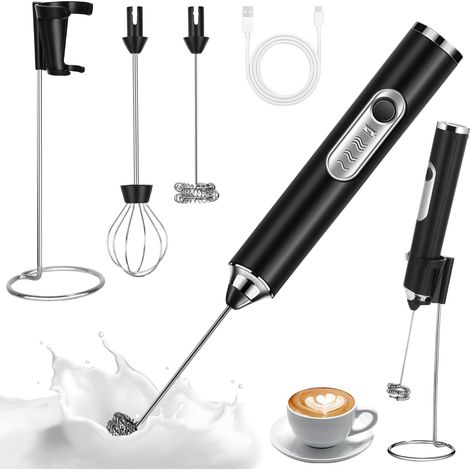 Mousseur à Lait Électrique Rechargeable Mousseur a Lait, 3 Vitesses Petit Mixeur avec 2 têtes Mini Fouet, Support en Acier Inoxydable, pour Cafés, Lattés, Cappucinos et Machiattos (Noir)