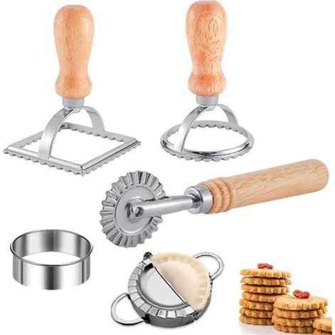 Juego de 5 cortadores de ravioles, Máquinas para hacer ravioles con mango de madera (1/4)