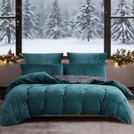Linge de lit d'hiver 220x240 cm Petrol Gris, chaud & douillet, 3 pièces