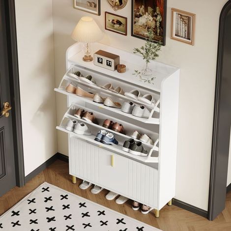 Meuble à chaussures 80x20x120, meuble à chaussures basculant avec 3 abattants, 6 compartiments, réglable, système anti-bascule (1/5)