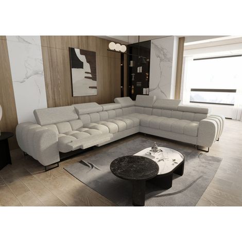 Ecksofa Schlafsofa BASTIEN RELAX in Stoff Aragon Beige Ottomane Rechts
