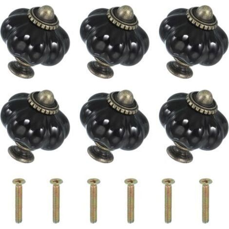 Sechs schwarze Keramikknöpfe, je 3,3 x 3,3 x 3,8 cm groß, mit Schrauben. Kürbisförmige Keramik-Schubladenknöpfe und -griffe. (1/4)