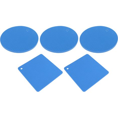 Set aus quadratischen und runden, wabenförmigen Silikonuntersetzern, rutschfest und hitzebeständig, für Kochfelder, Pfannen und Töpfe (blau). (1/5)