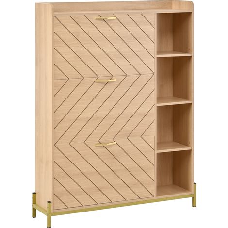 Meuble à chaussures de style nordique à abattant, veinage chêne, trois portes, grande capacité, meuble d'entrée ultra-fin, étagères latérales ouvertes (1/5)