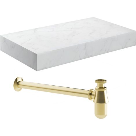 Signature Grove Wall Hung Basin Shelf with Brushed Brass Bottle Trap 800mm Wide - White Marble (1/2)