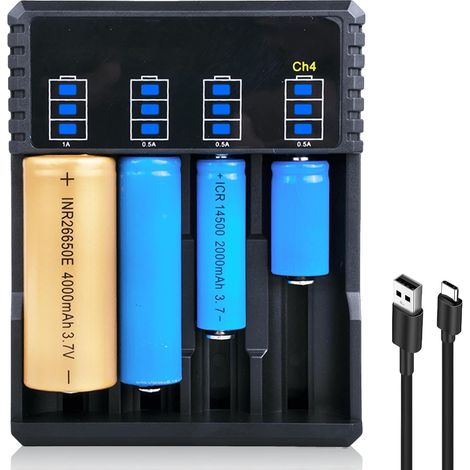 Chargeur 4 compartiments 18650 universel avec affichage LED, chargeur de batterie universel, chargeur de batterie rapide USB pour batteries 18650 18350 21700 16340 26650 AA AAA C 3,7 V Li-Ion