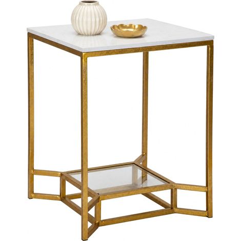Couchtisch Atiu, Marmoroptik, quadratische Form, Tischplatte Weiß, 47x47x60h cm, Weiß Marmor