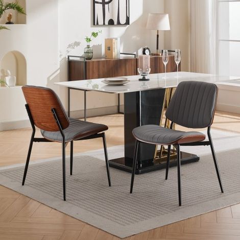 Set di 2 sedie da pranzo in stile Mid-Century Modern Retro, con schienale in legno curvato color noce, seduta imbottita, gambe in metallo e piedini regolabili, ideali per cucina e sala da pranzo (PU g
