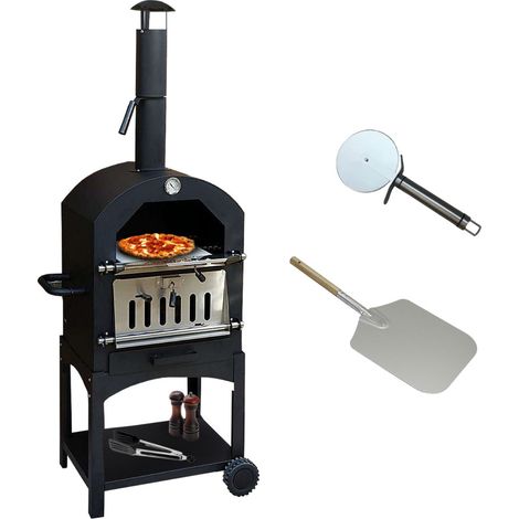 KuKoo - Forno Multifunzione a Carbonella per Pizza da Esterni Giardino Vialetto e Balcone Carne e Pesce in Acciaio Con Pala per Pizza e Cutter